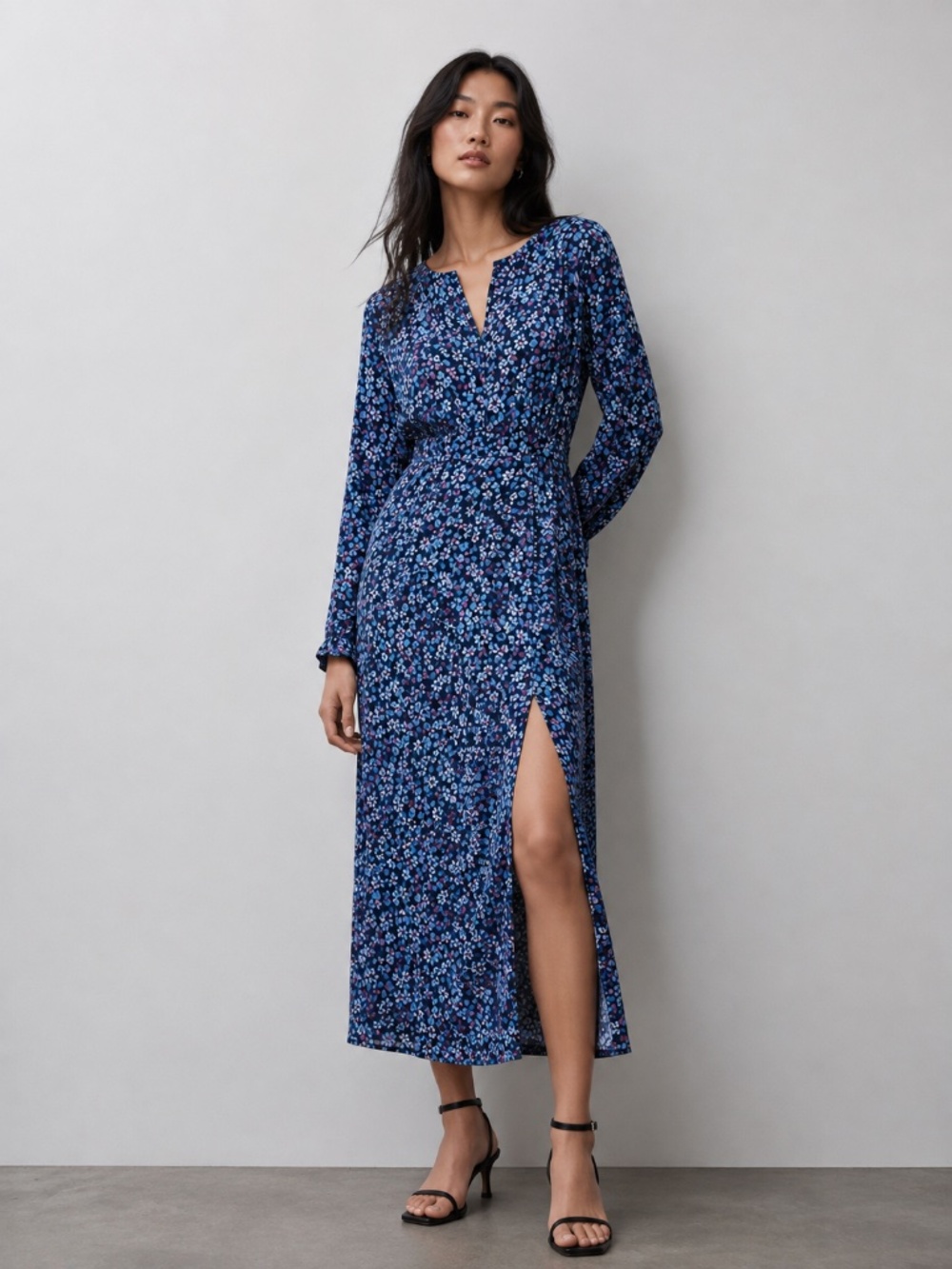Zara Womens Blue Floral Midi Dress Long Sleeve Side Slit Stretch Medium Vacation
